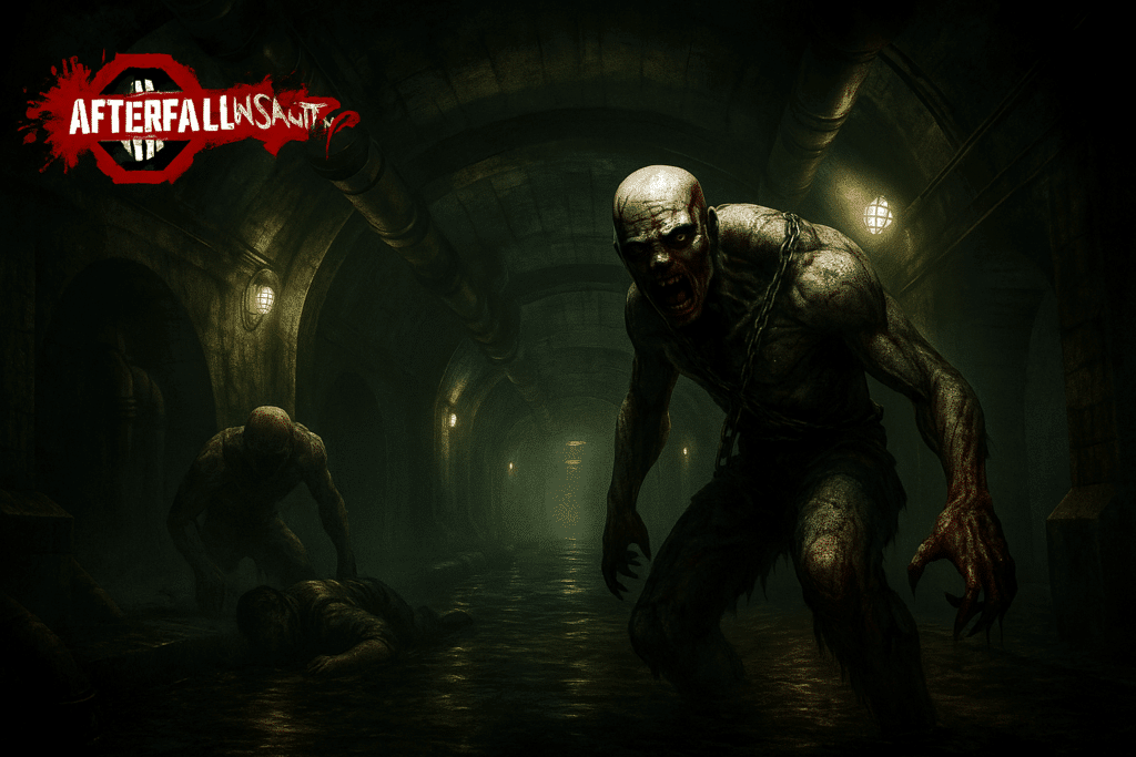 Et dystert skjermbilde-inspirert bilde fra Afterfall: Insanity. Vi ser en kloakktunnel med grønnlig lys fra vegglamper, der en blodig mutant i lenker kryper truende mot kameraet. I bakgrunnen sees enda en mutant over et lik, mens tunnelen strekker seg inn i mørket.