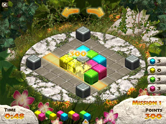 Gameplay fra BeachBlox, hvor farvede blokke matches på et roterbart bræt for at opnå point og fuldføre missioner.