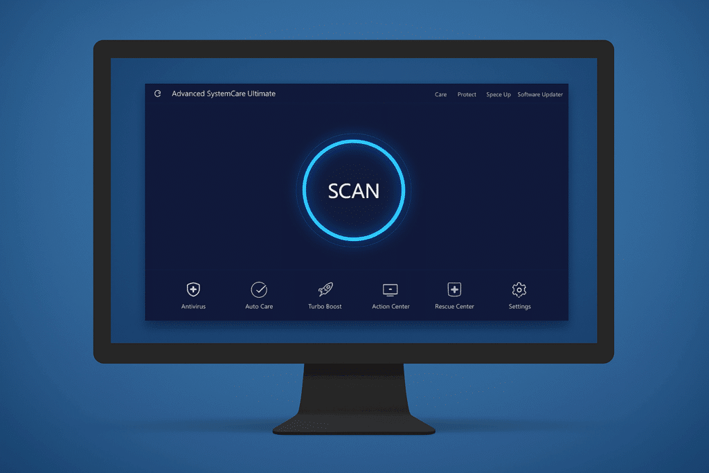 Skærmbillede af Advanced SystemCare Ultimate åbent på en computerskærm med mørk blå baggrund og en stor "SCAN"-knap i midten, omgivet af ikoner for funktioner som Antivirus, Auto Care og Turbo Boost.