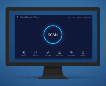 Skærmbillede af Advanced SystemCare Ultimate åbent på en computerskærm med mørk blå baggrund og en stor "SCAN"-knap i midten, omgivet af ikoner for funktioner som Antivirus, Auto Care og Turbo Boost.