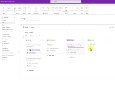 Microsoft OneNote med Loop-komponent til projektstyring og organisering af opgaver.
