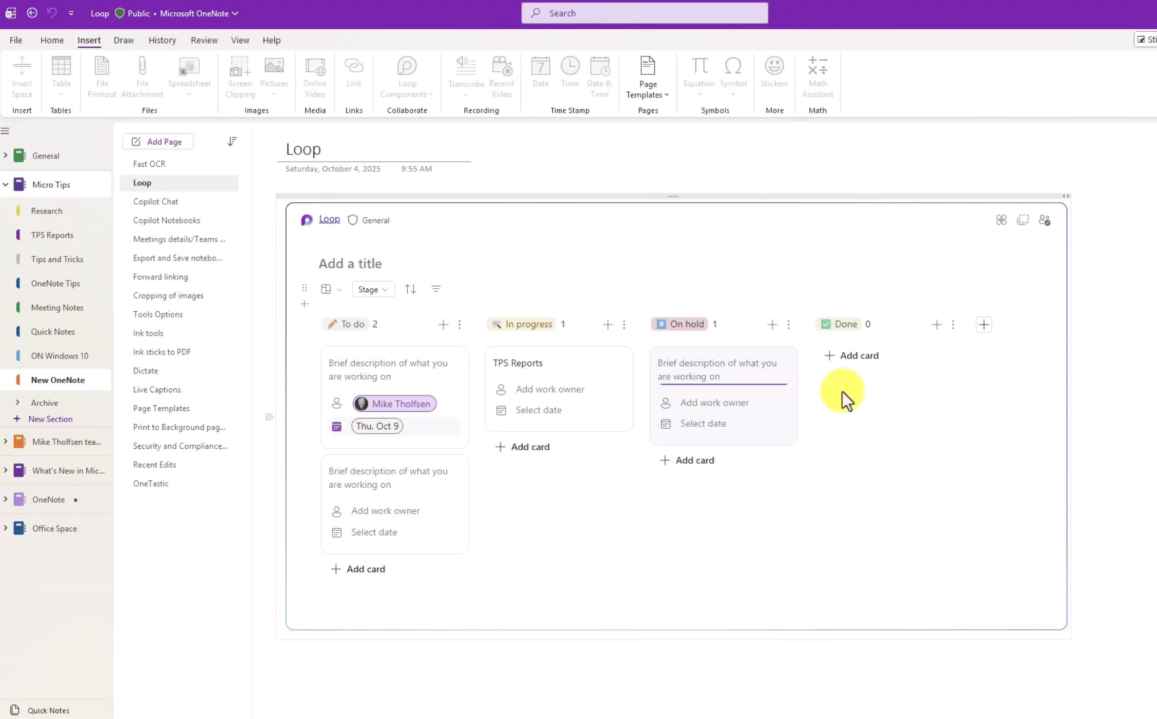 Microsoft OneNote med Loop-komponent til projektstyring og organisering af opgaver.