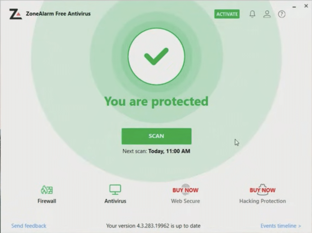 ZoneAlarm Free Firewall Oberfläche unter Windows, die aktiven Firewall-Schutz und den grundlegenden Sicherheitsstatus anzeigt