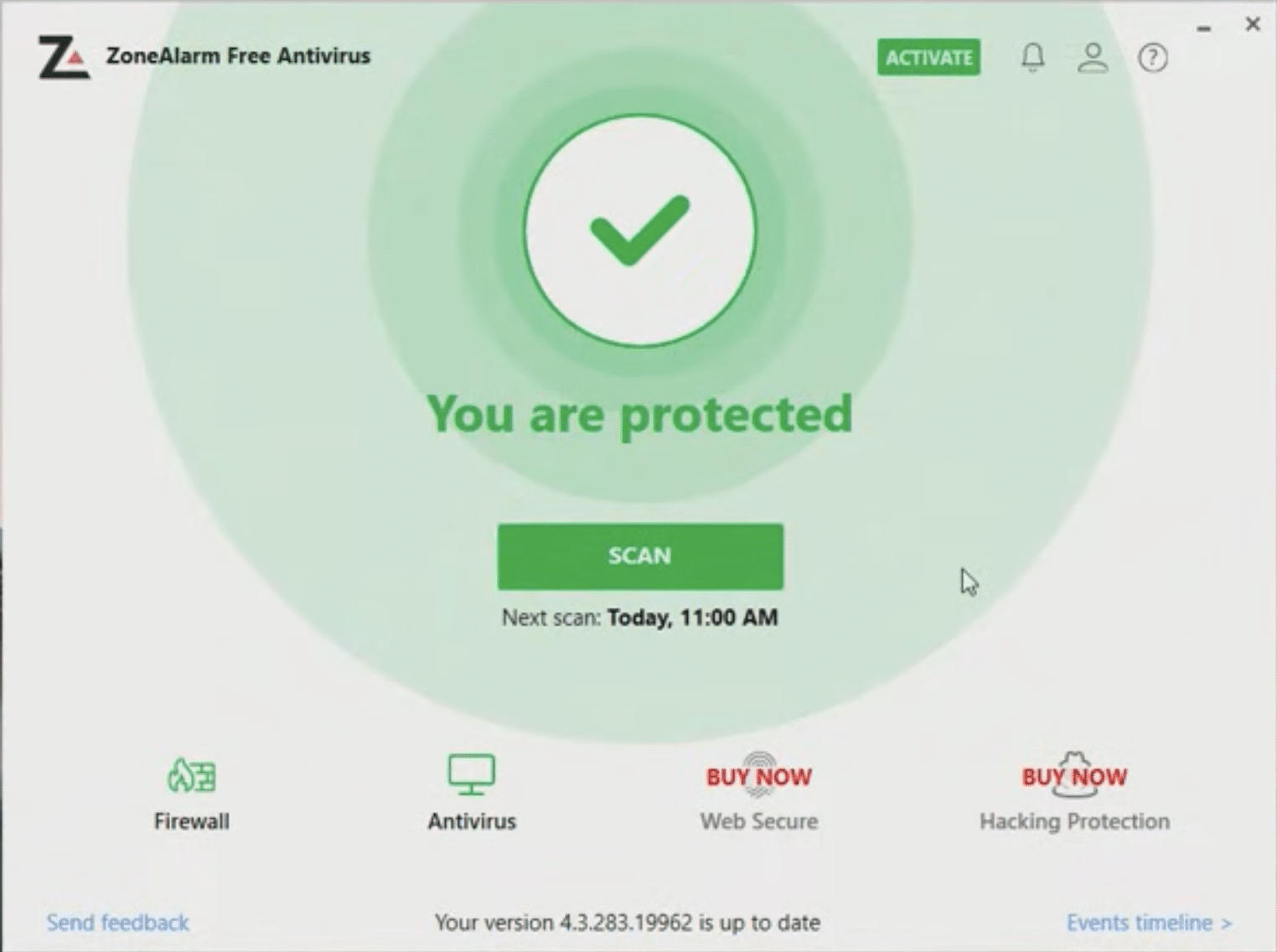 Benutzeroberfläche von ZoneAlarm Free Firewall unter Windows, die aktiven Schutz mit Firewall und grundlegenden Sicherheitsstatus zeigt