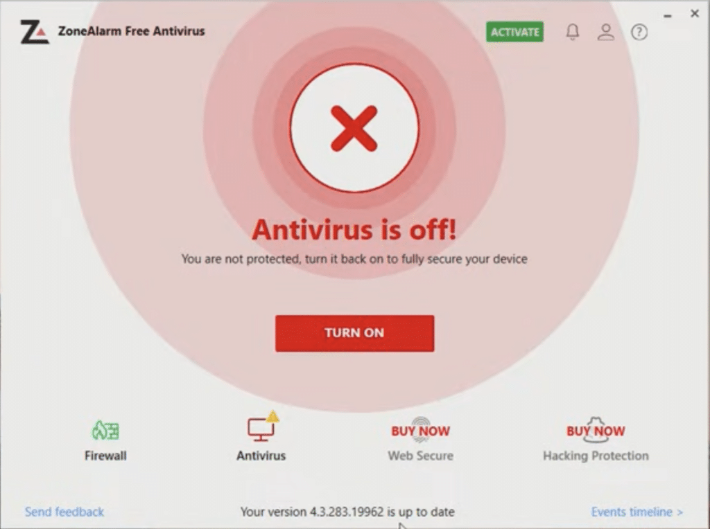 ZoneAlarm Free Firewall unter Windows mit Hinweis, dass Antivirus deaktiviert ist und der PC nicht vollständig geschützt ist
