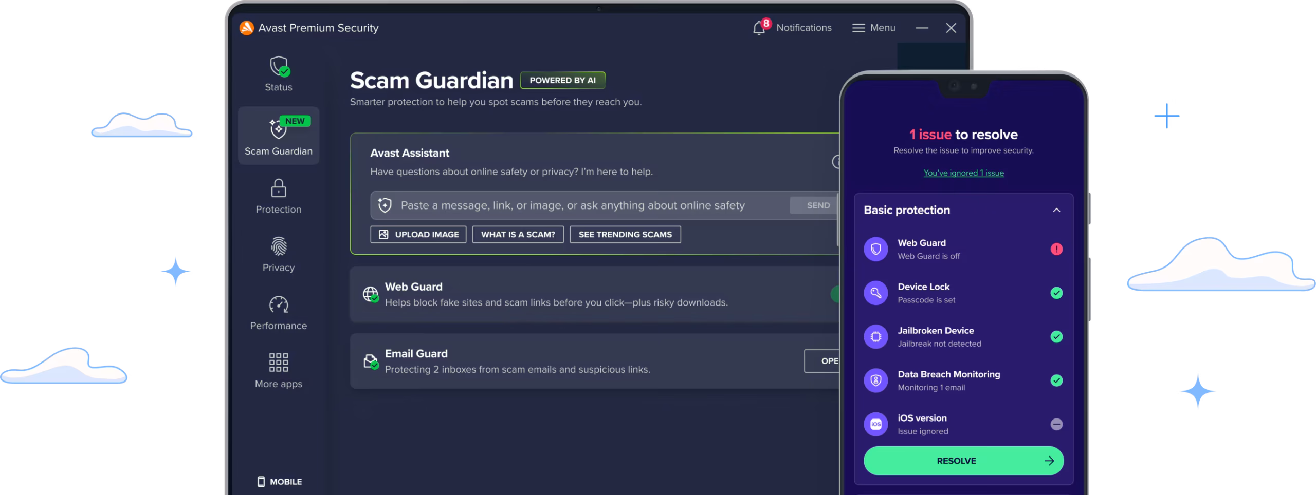 Avast Premium Security Antivirus-Oberfläche unter Windows mit aktivem Schutz