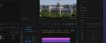 Skærmbillede af Adobe Premiere Pros brugerflade med mørkt tema, der viser et videoprojekt i redigering med tidslinje, preview-vindue og justeringsværktøjer.