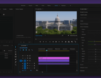 Skærmbillede af Adobe Premiere Pros brugerflade med mørkt tema, der viser et videoprojekt i redigering med tidslinje, preview-vindue og justeringsværktøjer.