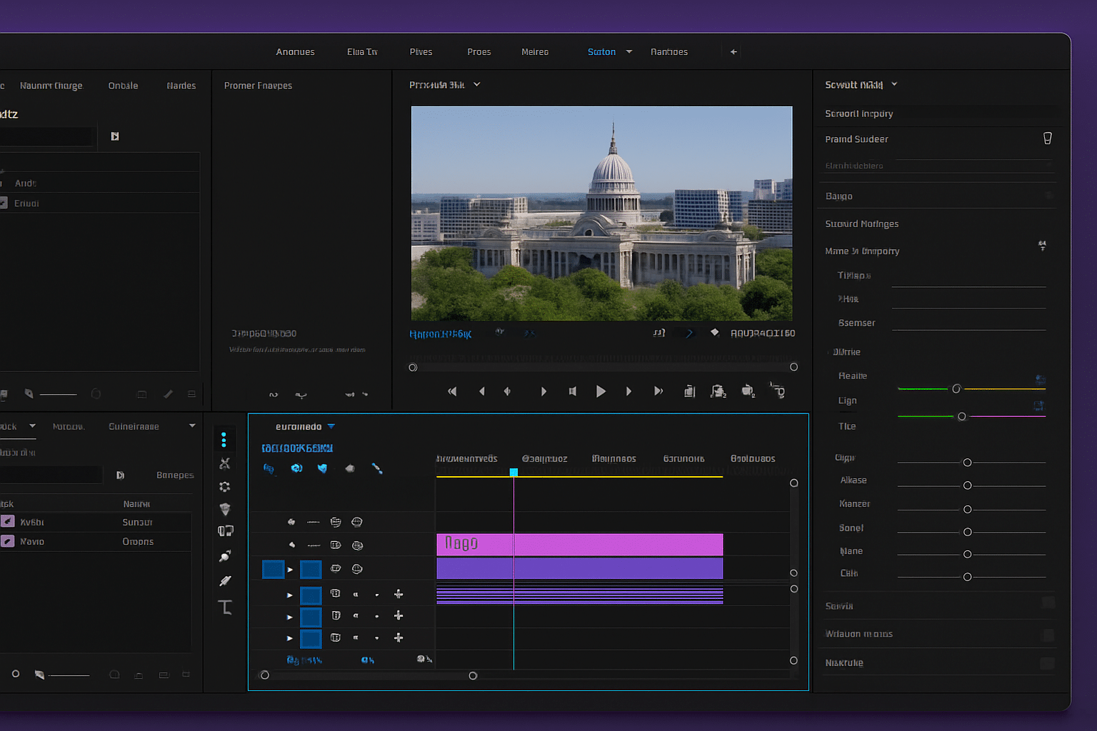 Skärmbild av Adobe Premiere Pros användargränssnitt med mörkt tema, som visar ett videoprojekt i redigering med tidslinje, förhandsvisningsfönster och justeringsverktyg.