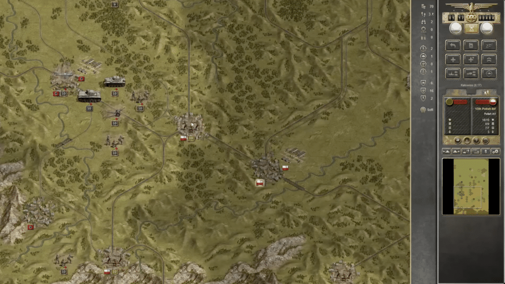 Panzer Corps Wehrmacht gameplay on a turn-based battle map with German units, Polish towns, and a tactical overview of the battlefield.