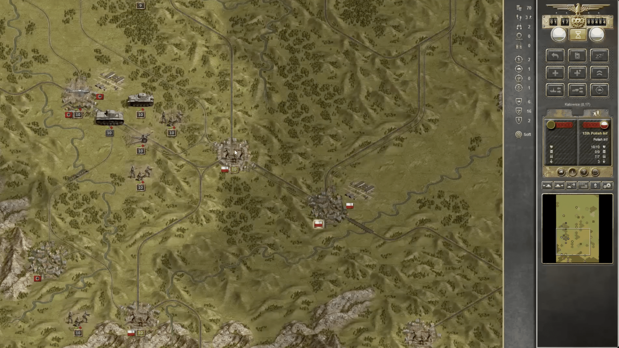 Panzer Corps Wehrmacht Gameplay mit rundenbasierter Karte, deutschen Einheiten, polnischen Städten und taktischer Schlachtfeldübersicht.