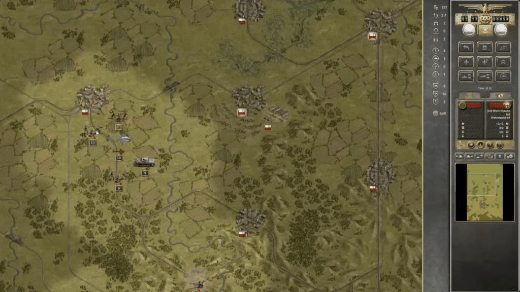 Panzer Corps Wehrmacht battlefield with German units, Polish towns, rivers, and a tactical UI in a turn-based strategy scenario.