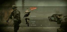 Hovedmenuen i Jagged Alliance: Back In Action med bevæbnede lejesoldater, spillets logo og menuvalg som Start New Game, Options og Quit to Windows.
