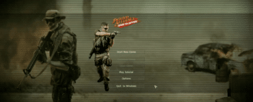 Hovedmenuen i Jagged Alliance: Back In Action med bevæbnede lejesoldater, spillets logo og menuvalg som Start New Game, Options og Quit to Windows.