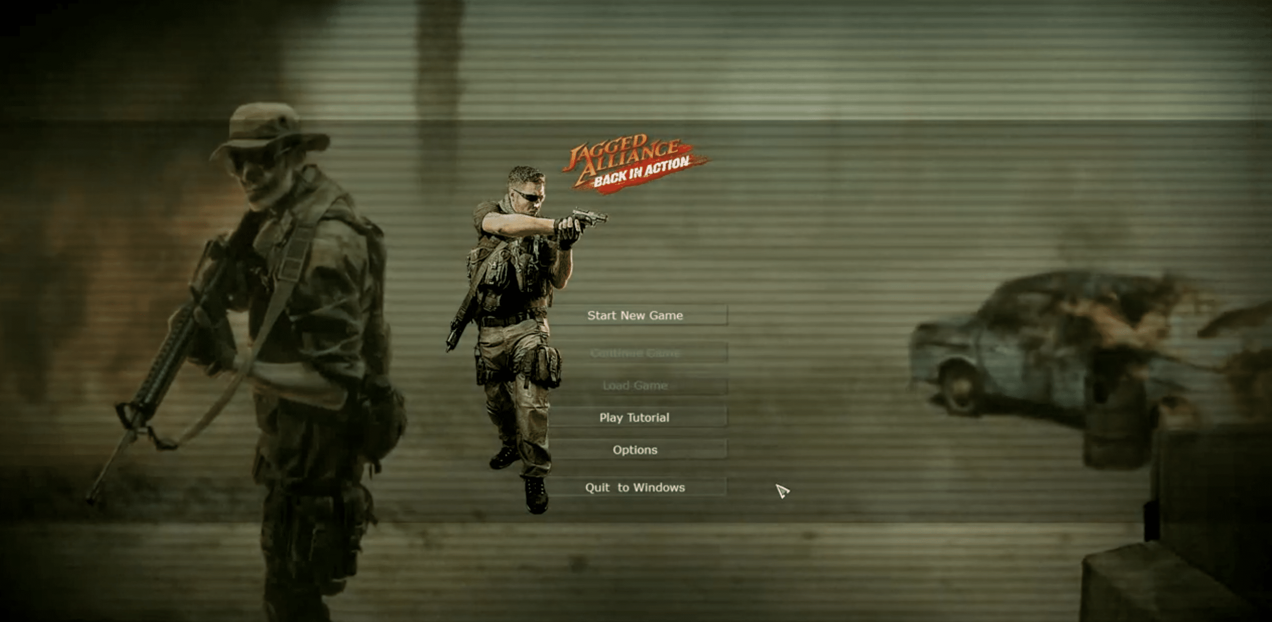 Hauptmenü von Jagged Alliance: Back In Action mit bewaffneten Söldnern, dem Spiel-Logo und Menüpunkten wie Start New Game, Options und Quit to Windows.