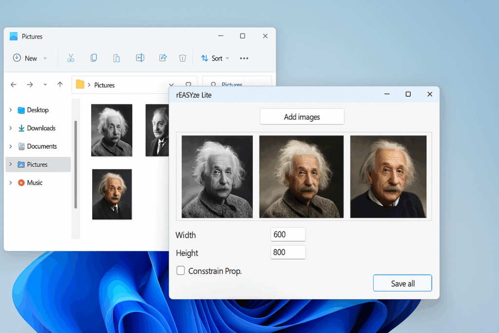 Brugerflade af rEASYze Lite med åbne billeder af Einstein og indtastede størrelsesindstillinger, ved siden af en Windows Stifinder-mappe med samme billeder klar til batch-redigering.
