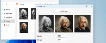 Brugerflade af rEASYze Lite med åbne billeder af Einstein og indtastede størrelsesindstillinger, ved siden af en Windows Stifinder-mappe med samme billeder klar til batch-redigering.