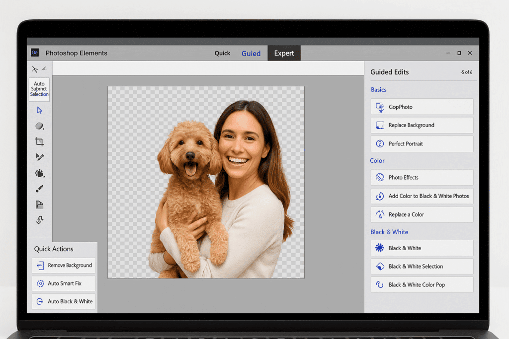 Skærmbillede af Adobe Photoshop Elements, hvor en kvinde holder en hund og baggrunden fjernes automatisk via værktøjet "Remove Background". Programmets brugerflade viser fanerne Quick, Guided og Expert samt redigeringsmuligheder i højre side.