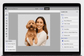 Skærmbillede af Adobe Photoshop Elements, hvor en kvinde holder en hund og baggrunden fjernes automatisk via værktøjet "Remove Background". Programmets brugerflade viser fanerne Quick, Guided og Expert samt redigeringsmuligheder i højre side.