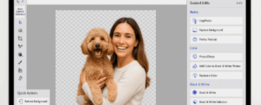Skærmbillede af Adobe Photoshop Elements, hvor en kvinde holder en hund og baggrunden fjernes automatisk via værktøjet "Remove Background". Programmets brugerflade viser fanerne Quick, Guided og Expert samt redigeringsmuligheder i højre side.