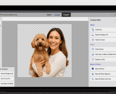Skærmbillede af Adobe Photoshop Elements, hvor en kvinde holder en hund og baggrunden fjernes automatisk via værktøjet "Remove Background". Programmets brugerflade viser fanerne Quick, Guided og Expert samt redigeringsmuligheder i højre side.