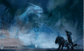 Elder Dragon i isfyldt landskab fra Guild Wars 2, hvor en spillerkarakter og en ulvelignende companion konfronterer en massiv drage i Tyria