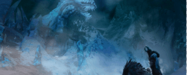 Elder Dragon i isfyldt landskab fra Guild Wars 2, hvor en spillerkarakter og en ulvelignende companion konfronterer en massiv drage i Tyria