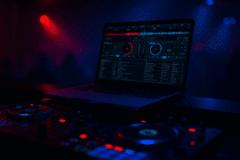 En bærbar computer med Virtual DJ-software åben på skærmen, placeret på et DJ-mixerpult med oplyste knapper og joghjul i rød og blå belysning i et mørkt festlokale.