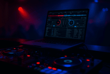 En bærbar computer med Virtual DJ-software åben på skærmen, placeret på et DJ-mixerpult med oplyste knapper og joghjul i rød og blå belysning i et mørkt festlokale.