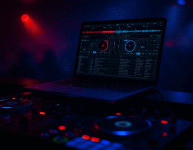 En bærbar computer med Virtual DJ-software åben på skærmen, placeret på et DJ-mixerpult med oplyste knapper og joghjul i rød og blå belysning i et mørkt festlokale.