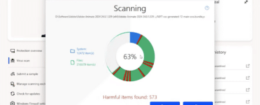 F-Secure Internet Security viser igangværende virusscanning på Windows med oversigt over fundne trusler og scannede filer