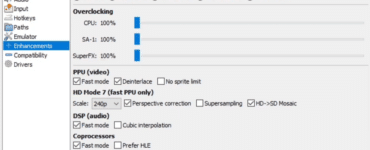 bsnes indstillinger på Windows med Enhancements åbent, hvor man kan justere run-ahead, overclocking og HD Mode 7 for bedre SNES-grafik og lavere input-lag