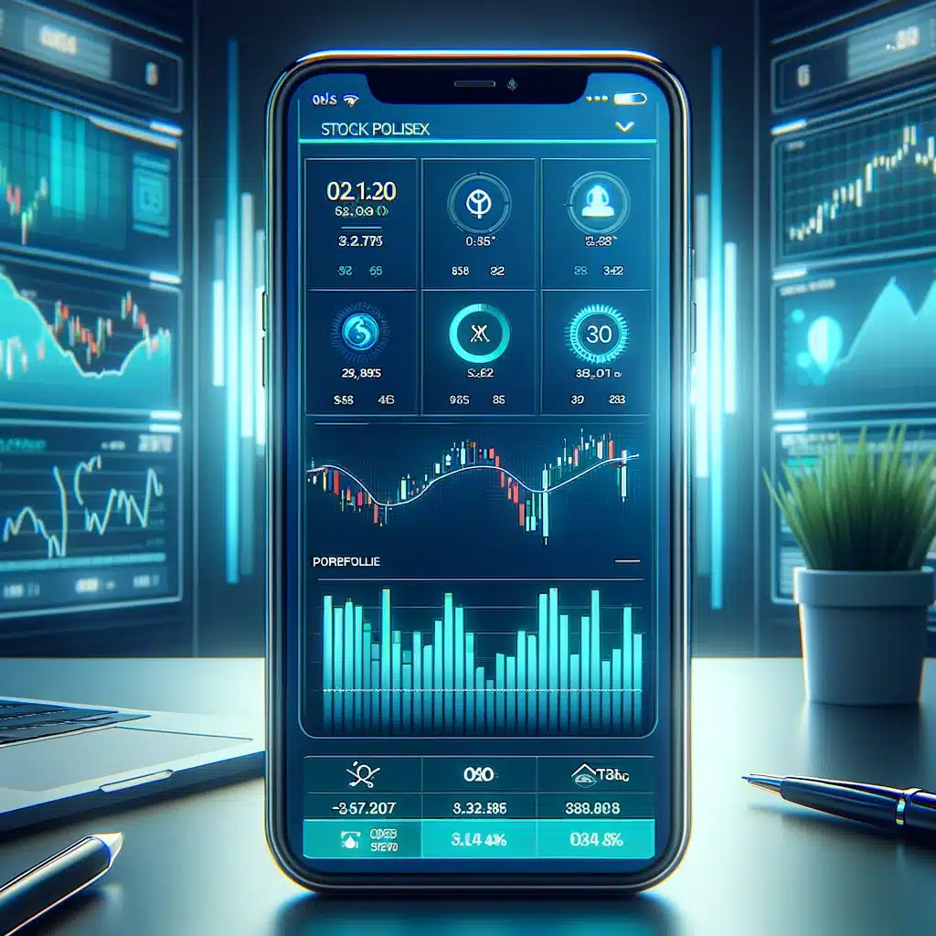 En moderne aksjeportefølje-app på en smarttelefon med sanntidskurser, porteføljeoversikt og kursalarmer i et profesjonelt finansmiljø.