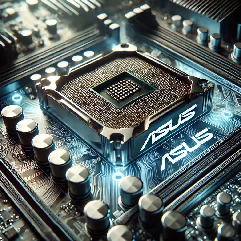 Nærbillede af Asus motherboard – Viser chipset og kølesystem.