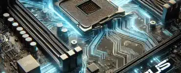 Billede af et ASUS motherboard drivers med lysende kredsløb, der symboliserer BIOS- og chipset-opdateringer. Moderne og futuristisk design med fokus på komponenternes detaljer.