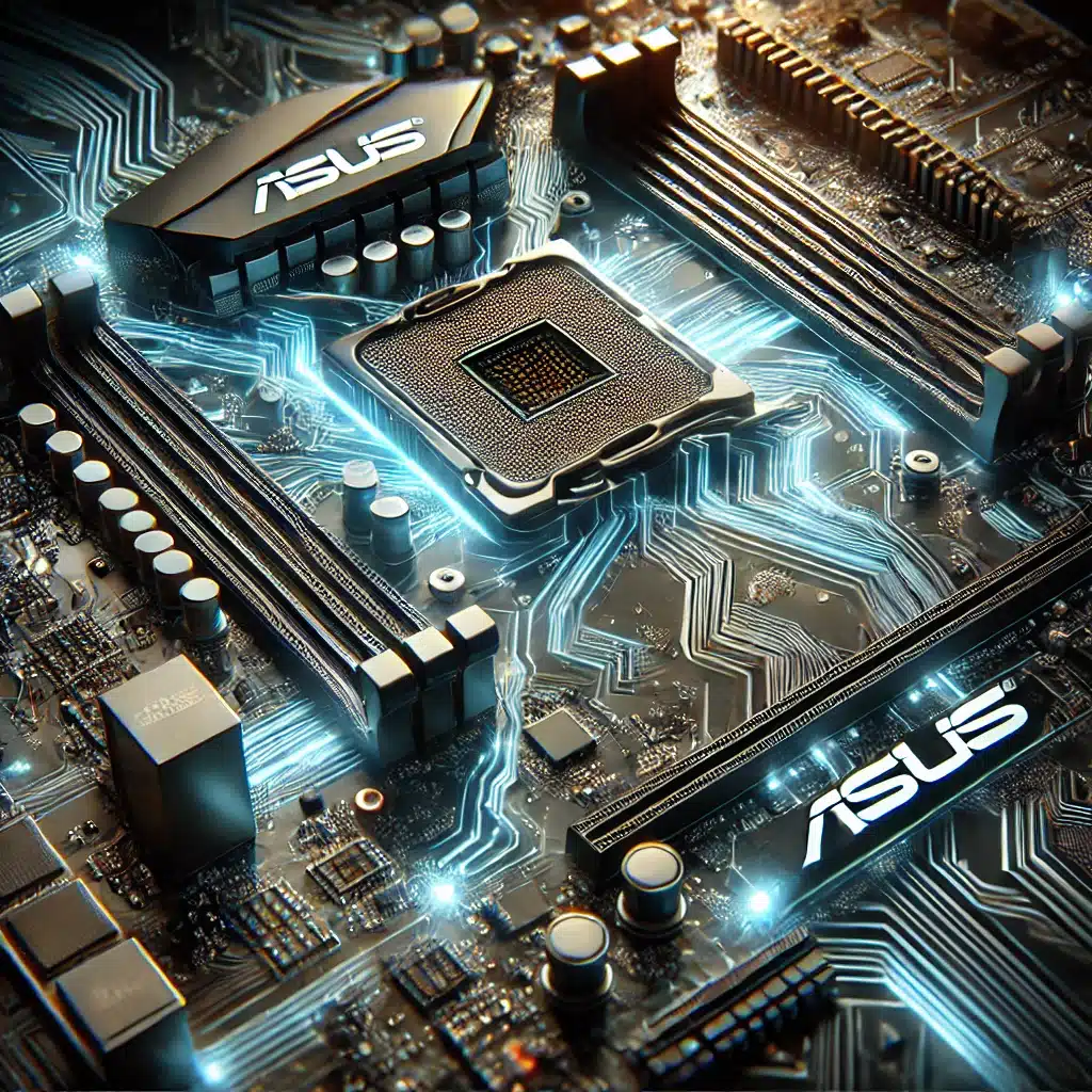 Billede af et ASUS motherboard drivers med lysende kredsløb, der symboliserer BIOS- og chipset-opdateringer. Moderne og futuristisk design med fokus på komponenternes detaljer.