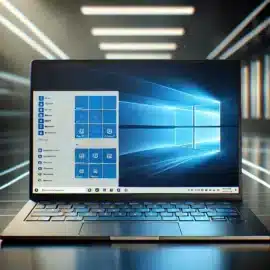 Billede af en bærbar computer med Windows 10 Pro åbent på skærmen. Startmenuen er synlig, og baggrunden har et moderne, teknologisk design.