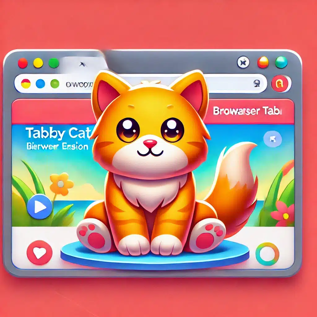 Et sjovt og engagerende promobillede for Tabby Cat-browserudvidelsen, med en sød tegneseriestil orange tabby kat, der sidder på en browserfane. Baggrunden er farverig og indbydende, hvilket skaber en følelse af glæde og underholdning.