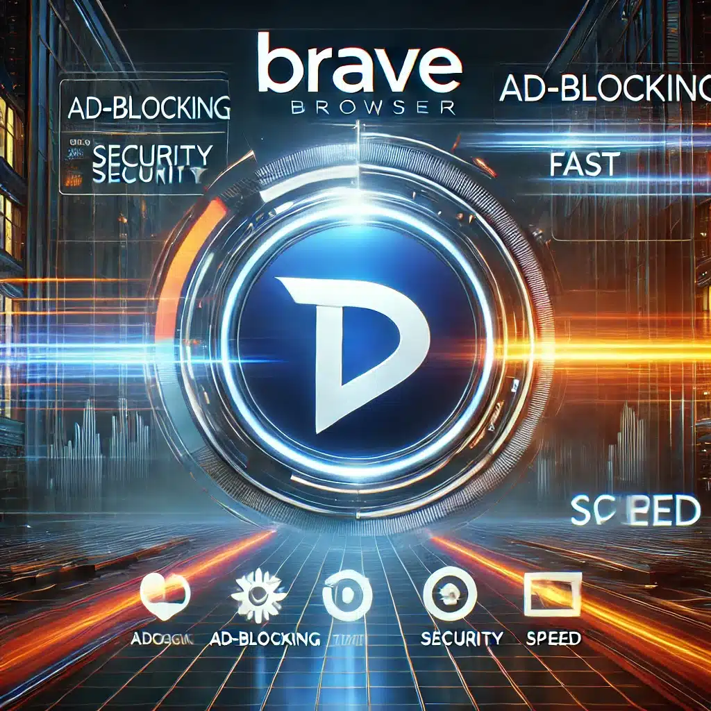 Et stilrent og moderne promobillede for Brave-browseren, der fremhæver dens fokus på privatliv og hurtig browsing. Baggrunden har en futuristisk digital grænseflade med symboler for annonceblokering, sikkerhed og hastighed. Brave-logoet er tydeligt synligt og understreger brandingens stærke identitet.