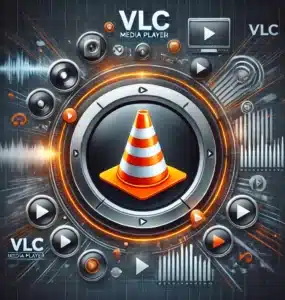 En stilren og moderne illustration af VLC Media Player. Det ikoniske orange trafik-kegle-logo er i centrum, omgivet af en dynamisk multimediebaggrund med videoafspilningselementer, lydbølger og streaming-symboler. Farveskemaet består af VLC’s signaturfarver – orange og sort – hvilket skaber et professionelt og visuelt tiltalende look.