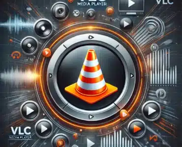En stilren og moderne illustration af VLC Media Player. Det ikoniske orange trafik-kegle-logo er i centrum, omgivet af en dynamisk multimediebaggrund med videoafspilningselementer, lydbølger og streaming-symboler. Farveskemaet består af VLC’s signaturfarver – orange og sort – hvilket skaber et professionelt og visuelt tiltalende look.