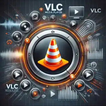 En stilren og moderne illustration af VLC Media Player. Det ikoniske orange trafik-kegle-logo er i centrum, omgivet af en dynamisk multimediebaggrund med videoafspilningselementer, lydbølger og streaming-symboler. Farveskemaet består af VLC’s signaturfarver – orange og sort – hvilket skaber et professionelt og visuelt tiltalende look.