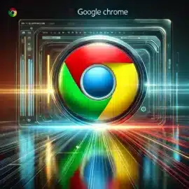 Et stilrent og moderne promo-billede for Google Chrome. Chrome-logoet fremhæves i et futuristisk, høj-teknologisk miljø med glødende UI-elementer. En dynamisk browsing-interface ses i baggrunden, der understreger Chrome’s hastighed, sikkerhed og kompatibilitet på tværs af platforme. Farveskemaet afspejler Chrome’s ikoniske røde, grønne, gule og blå nuancer, hvilket skaber et visuelt engagerende og professionelt look.