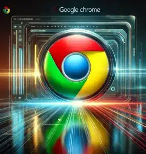 Et stilrent og moderne promo-billede for Google Chrome. Chrome-logoet fremhæves i et futuristisk, høj-teknologisk miljø med glødende UI-elementer. En dynamisk browsing-interface ses i baggrunden, der understreger Chrome’s hastighed, sikkerhed og kompatibilitet på tværs af platforme. Farveskemaet afspejler Chrome’s ikoniske røde, grønne, gule og blå nuancer, hvilket skaber et visuelt engagerende og professionelt look.