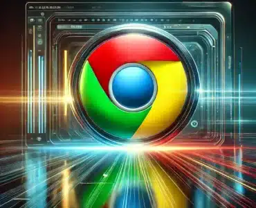 Et stilrent og moderne promo-billede for Google Chrome. Chrome-logoet fremhæves i et futuristisk, høj-teknologisk miljø med glødende UI-elementer. En dynamisk browsing-interface ses i baggrunden, der understreger Chrome’s hastighed, sikkerhed og kompatibilitet på tværs af platforme. Farveskemaet afspejler Chrome’s ikoniske røde, grønne, gule og blå nuancer, hvilket skaber et visuelt engagerende og professionelt look.