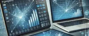 En moderne og stilren illustration af GeoGebra, det populære matematiksoftware. Et digitalt gitter viser en interaktiv graf med markerede punkter og matematiske formler. En tablet og en bærbar computer med GeoGebra’s interface fremhæver programmets krydsplatform-kompatibilitet. Baggrunden har en futuristisk, blåtonet undervisningstema, der understreger teknologi og læring.