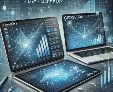 En moderne og stilren illustration af GeoGebra, det populære matematiksoftware. Et digitalt gitter viser en interaktiv graf med markerede punkter og matematiske formler. En tablet og en bærbar computer med GeoGebra’s interface fremhæver programmets krydsplatform-kompatibilitet. Baggrunden har en futuristisk, blåtonet undervisningstema, der understreger teknologi og læring.