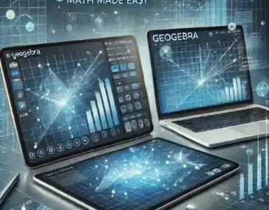 En moderne og stilren illustration af GeoGebra, det populære matematiksoftware. Et digitalt gitter viser en interaktiv graf med markerede punkter og matematiske formler. En tablet og en bærbar computer med GeoGebra’s interface fremhæver programmets krydsplatform-kompatibilitet. Baggrunden har en futuristisk, blåtonet undervisningstema, der understreger teknologi og læring.