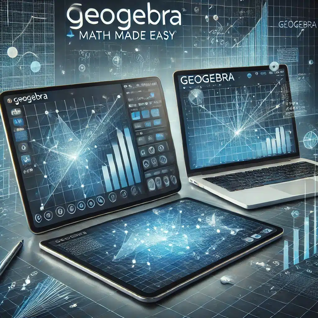 En moderne og stilren illustration af GeoGebra, det populære matematiksoftware. Et digitalt gitter viser en interaktiv graf med markerede punkter og matematiske formler. En tablet og en bærbar computer med GeoGebra’s interface fremhæver programmets krydsplatform-kompatibilitet. Baggrunden har en futuristisk, blåtonet undervisningstema, der understreger teknologi og læring.
