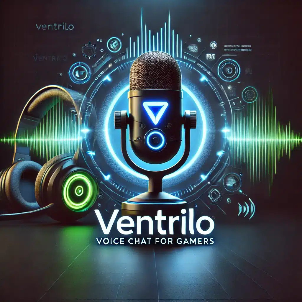 En stilren og moderne illustrasjon av Ventrilo, det klassiske voice chat-programmet. Et futuristisk design med et glødende mikrofonikon og lydbølgeeffekter symboliserer klar kommunikasjon. En gaming-headset-silhuett i bakgrunnen fremhever programmets bruk til gaming. Mørkt fargetema med neonblå og grønne nyanser skaper et profesjonelt og engasjerende uttrykk.